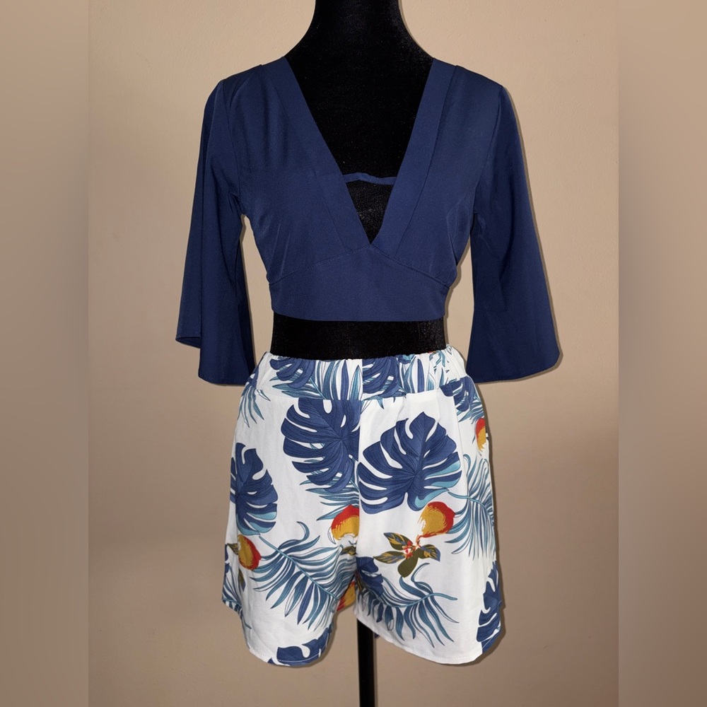 Navy Blue Top and Tropical Print Shorts Set